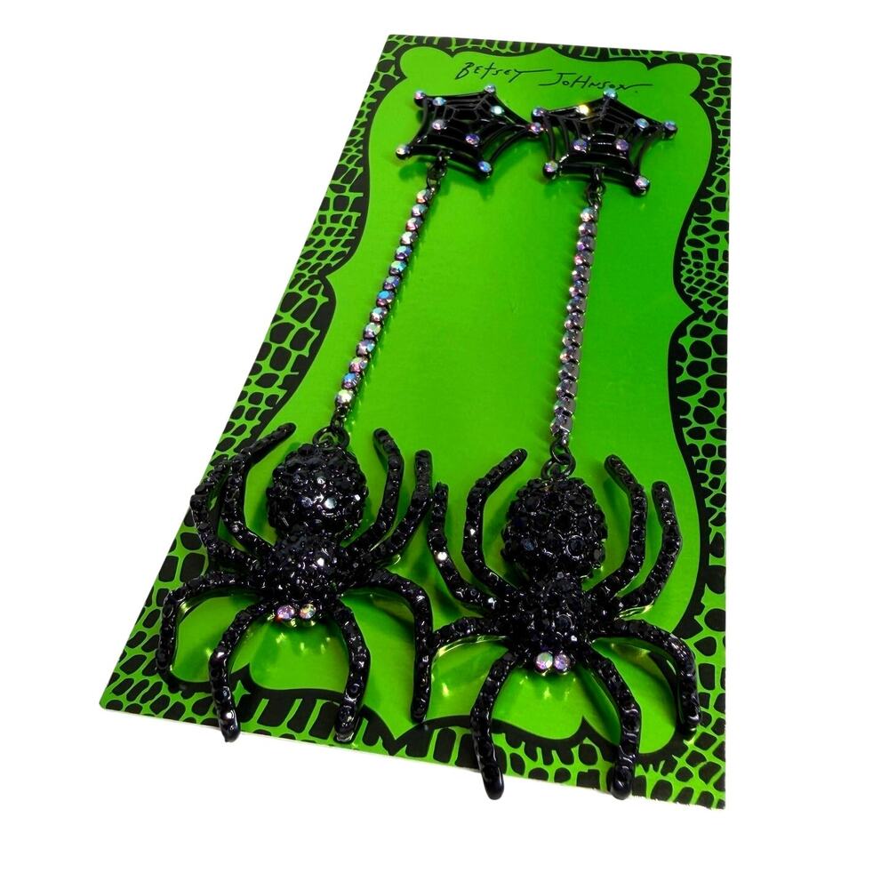 Betsey Johnson Halloween Spiderweb & Crystal Linear Spider Drop Earrings NWT